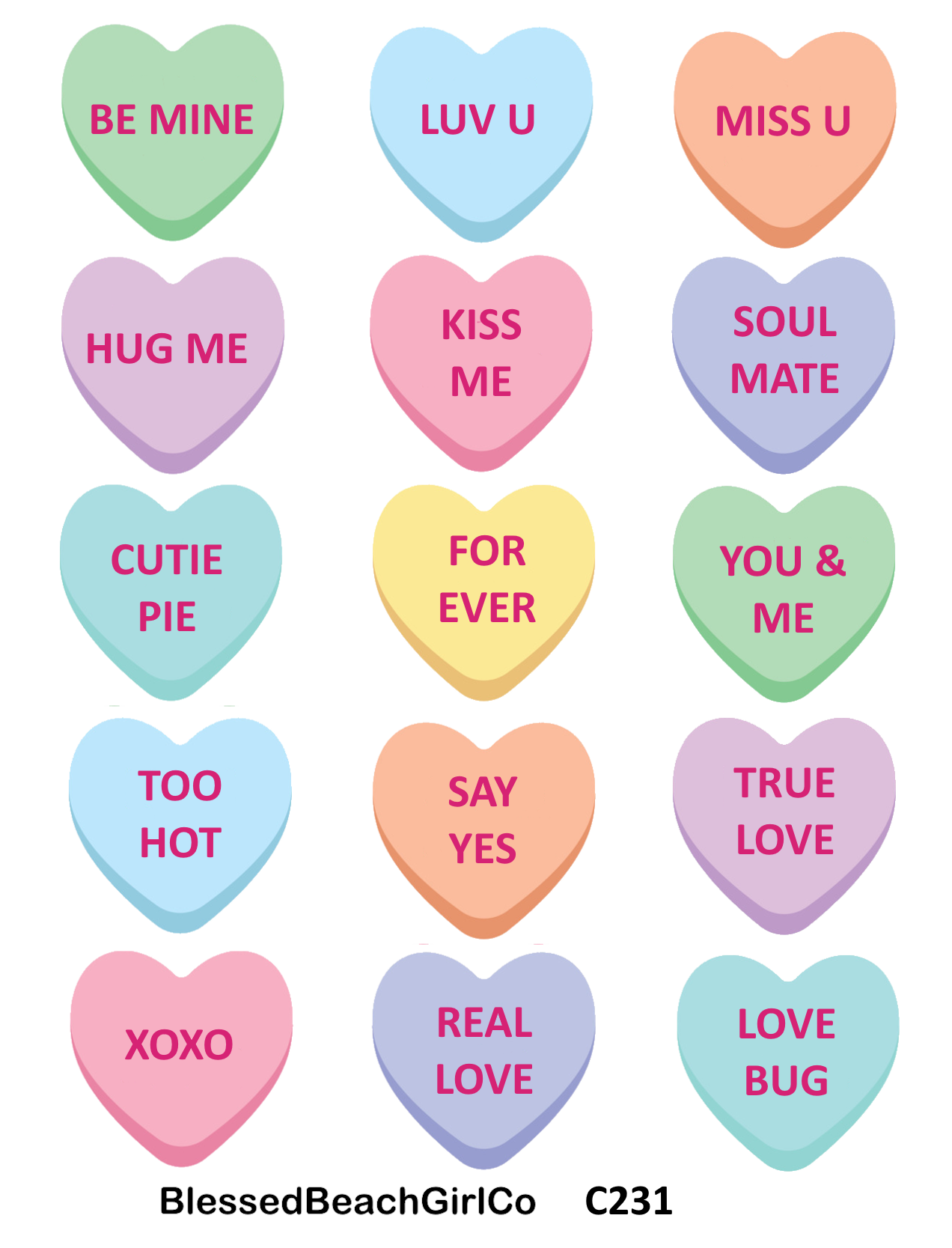 Candy Conversation Hearts 1" Polymer Clay Cutter & Transfer Sheet Set