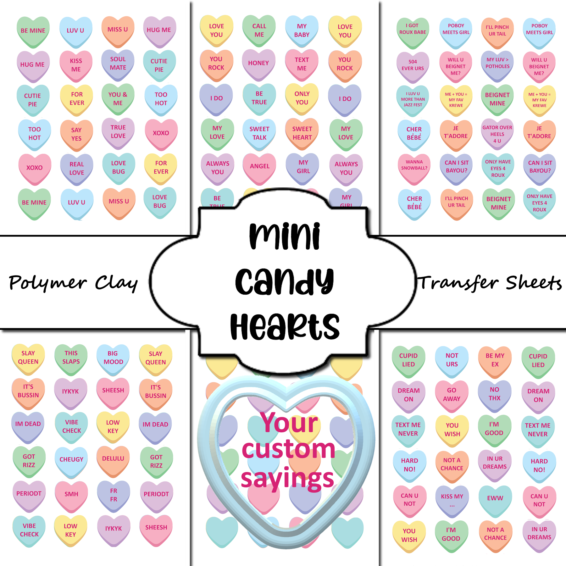 Mini Candy Conversation Hearts Polymer Clay Cutter & Transfer Sheet Set