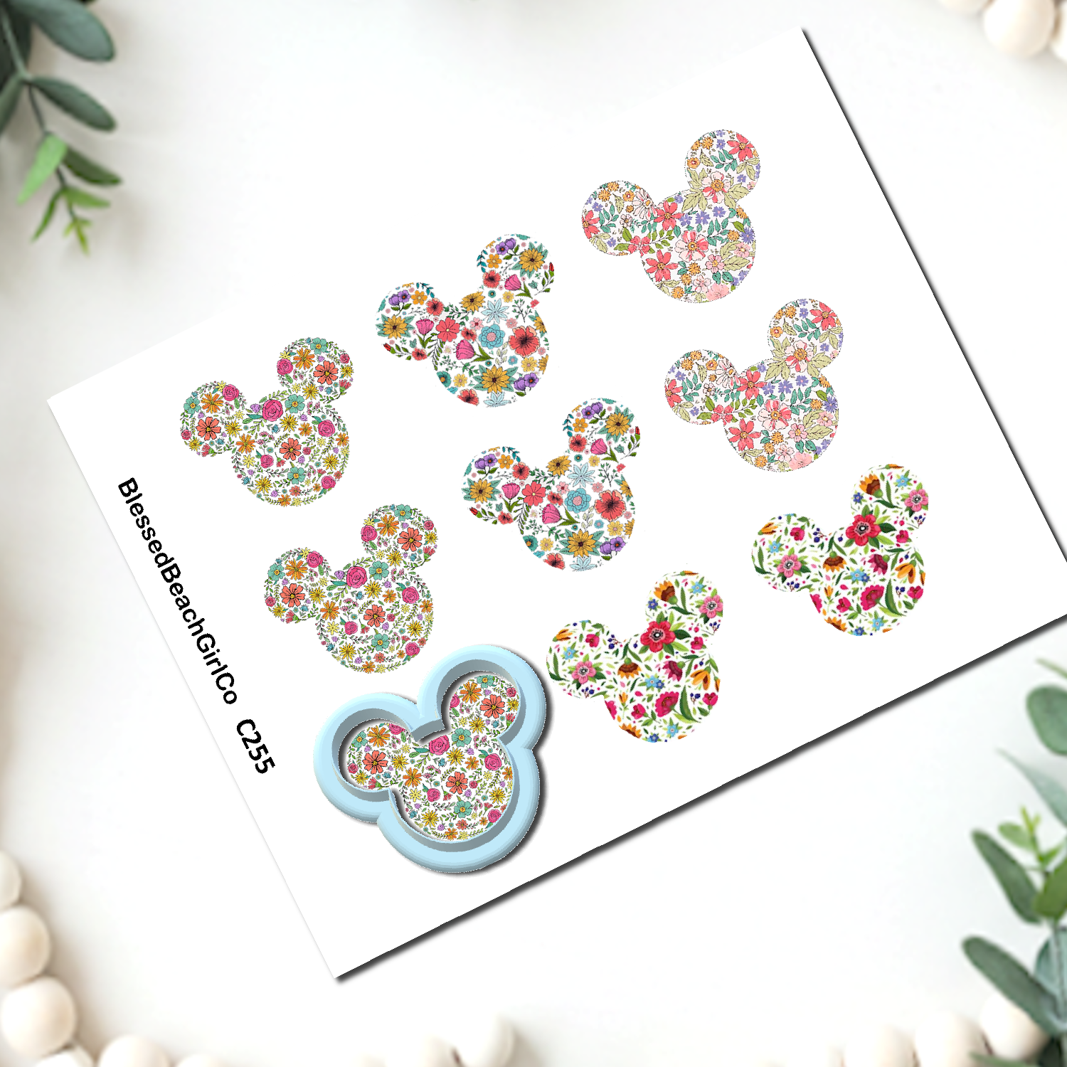 Floral Mouse Ears Clay Transfer Sheet & Cutter Set | C255