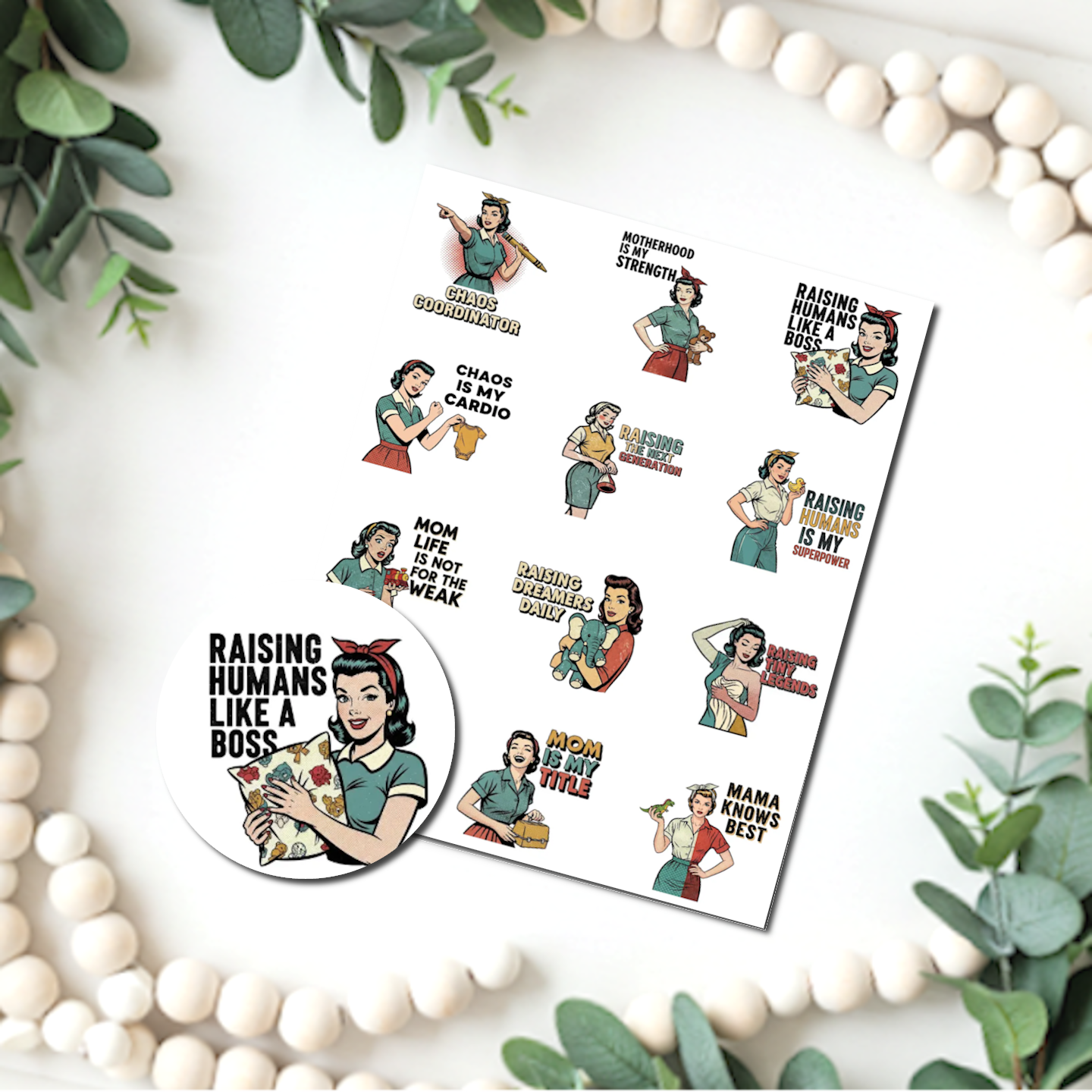 Raising Humans Vintage Moms Transfer Sheet & 1" Square Cutter Set C261