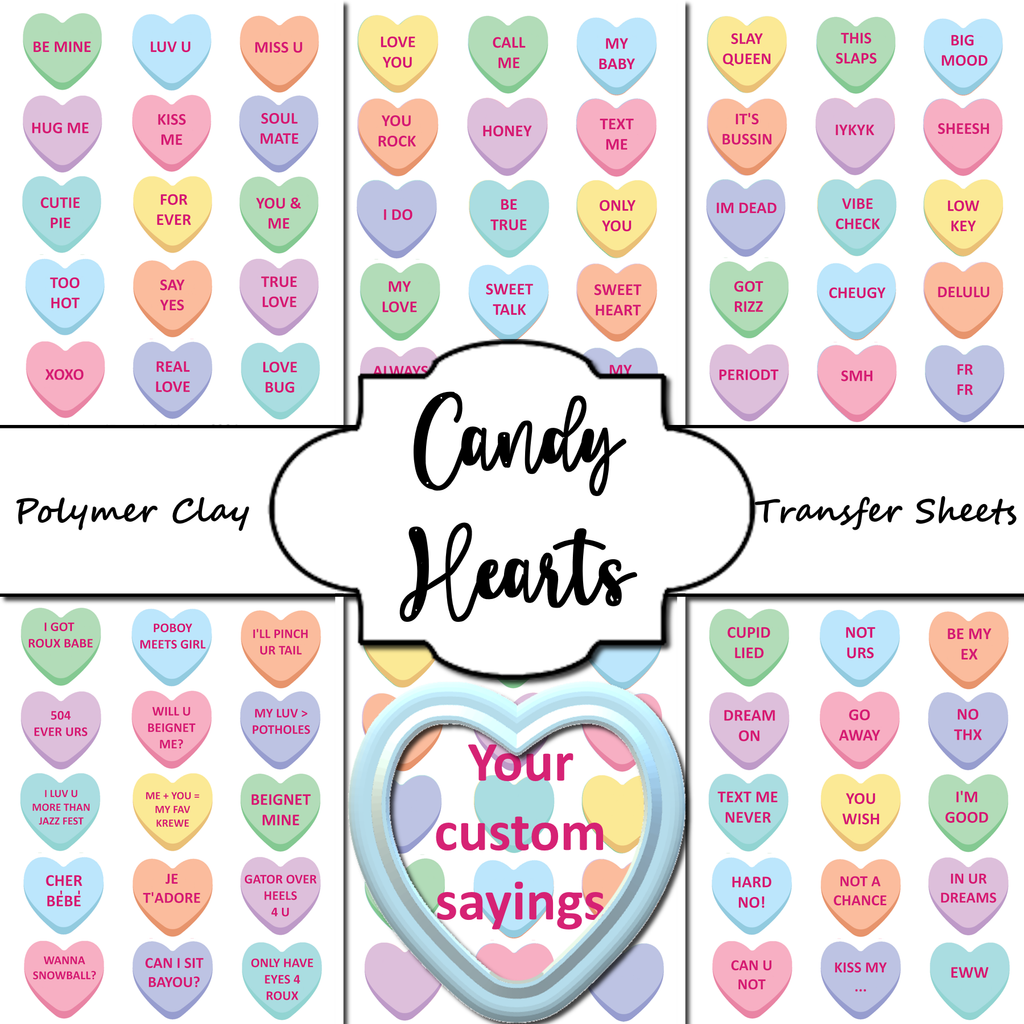 Candy Conversation Hearts 1" Polymer Clay Cutter & Transfer Sheet Set