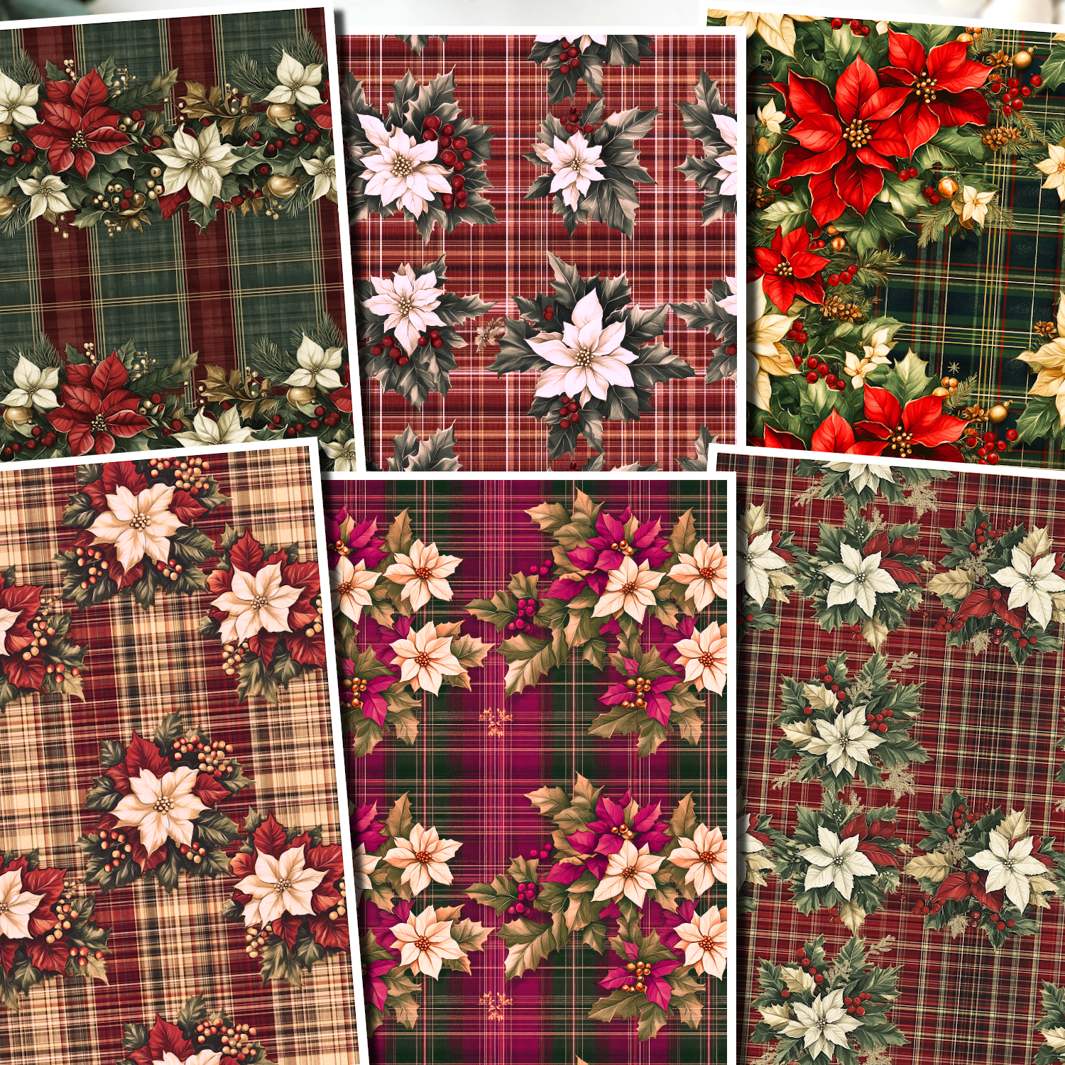 Christmas Plaid Poinsettias clay transfer sheet E957