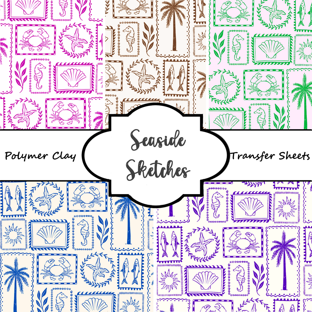 Seaside Sketches Polymer Clay Transfer Sheets | Block Stamp Style Ocean Designs F166