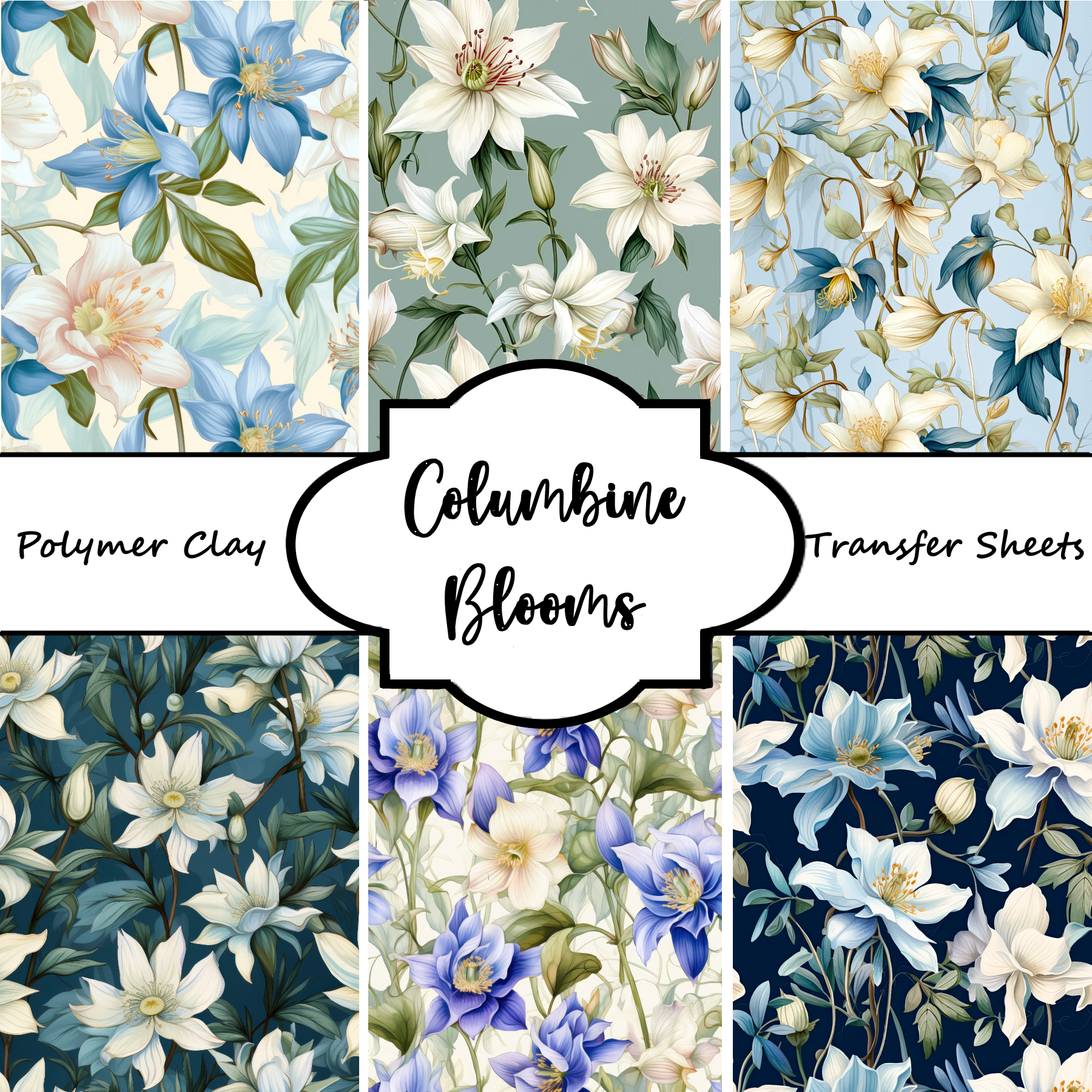 Columbine Blooms polymer clay transfer sheets F196 — 6 designs in blue, white, lavender and navy