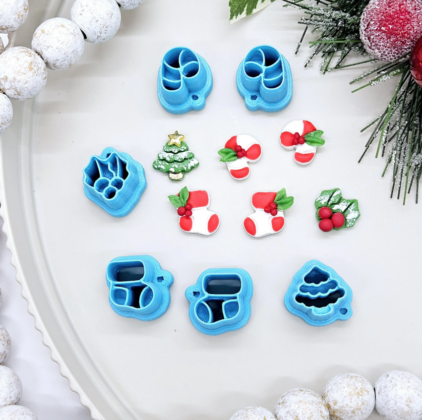 Christmas STUDS polymer clay cutter, jewelry making, fondant cake decorating, Santa hat, candy cane, pine tree cutter, Christmas stocking
