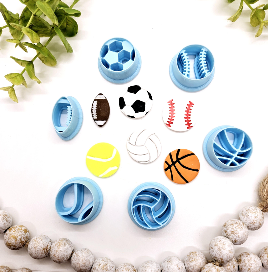 SPORTS BALLS embossed sharp polymer clay cutters, fondant cake decorating, football cutter bundle, soccer ball, baseball, volleyball cutter