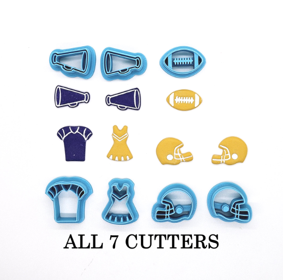 FOOTBALL and CHEERLEADING embossed sharp polymer clay cutters, jewelry making, earrings, fondant cake decorating, football cutter bundle