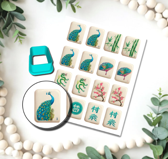 Mahjong Emerald Peacock Tiles transfer sheet cutter set  C222