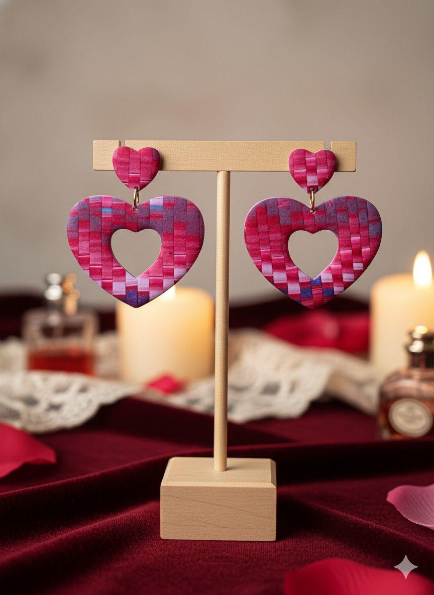 Heart-shaped earrings on a stand with a blurred background by Blessed Beach Girl Co