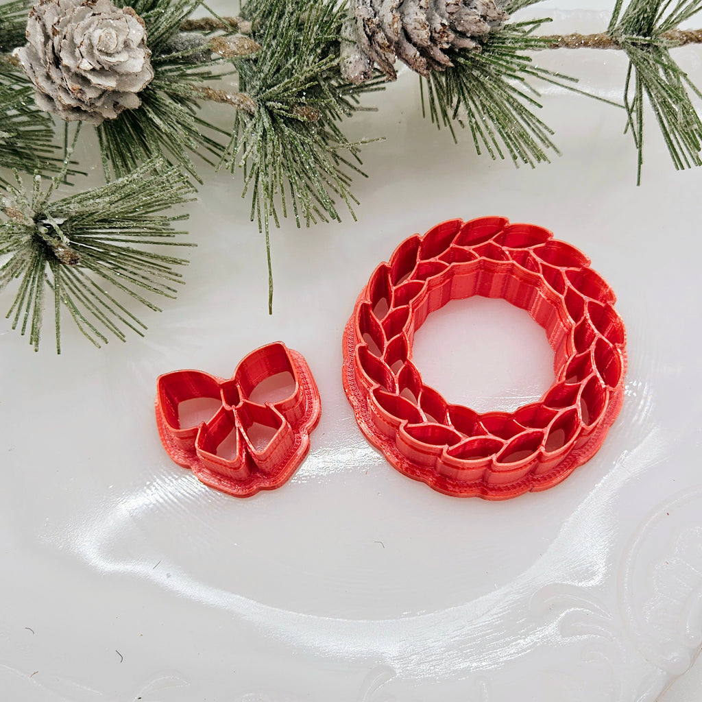 Christmas Wreath and Bow SHARP set clay cutters jewelry earrings leaf style bundle