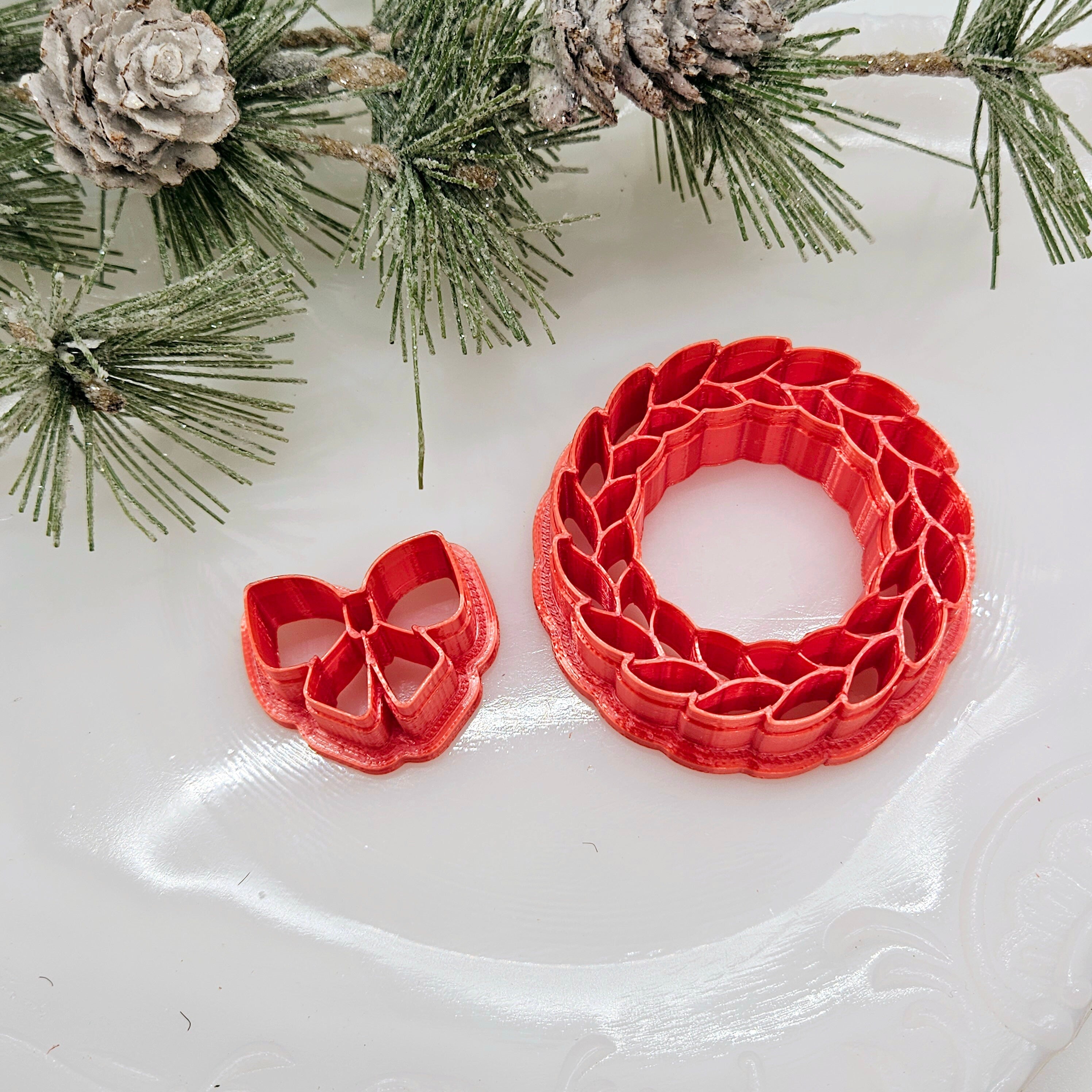 Christmas Wreath and Bow SHARP set clay cutters jewelry earrings leaf style bundle